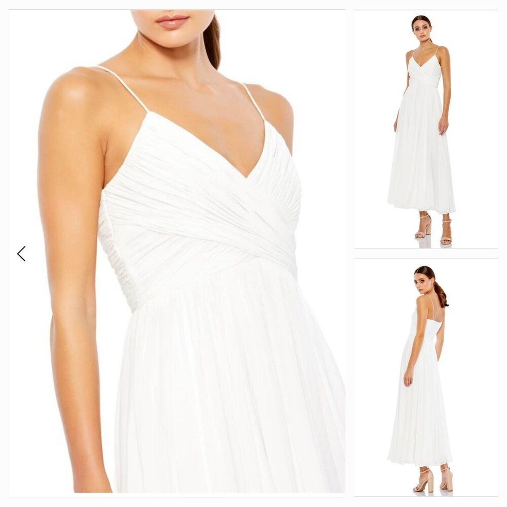 New MAC DUGGAL 2650 (XL) White Chiffon Spaghetti Strap Pleated Bodice Midi Dress